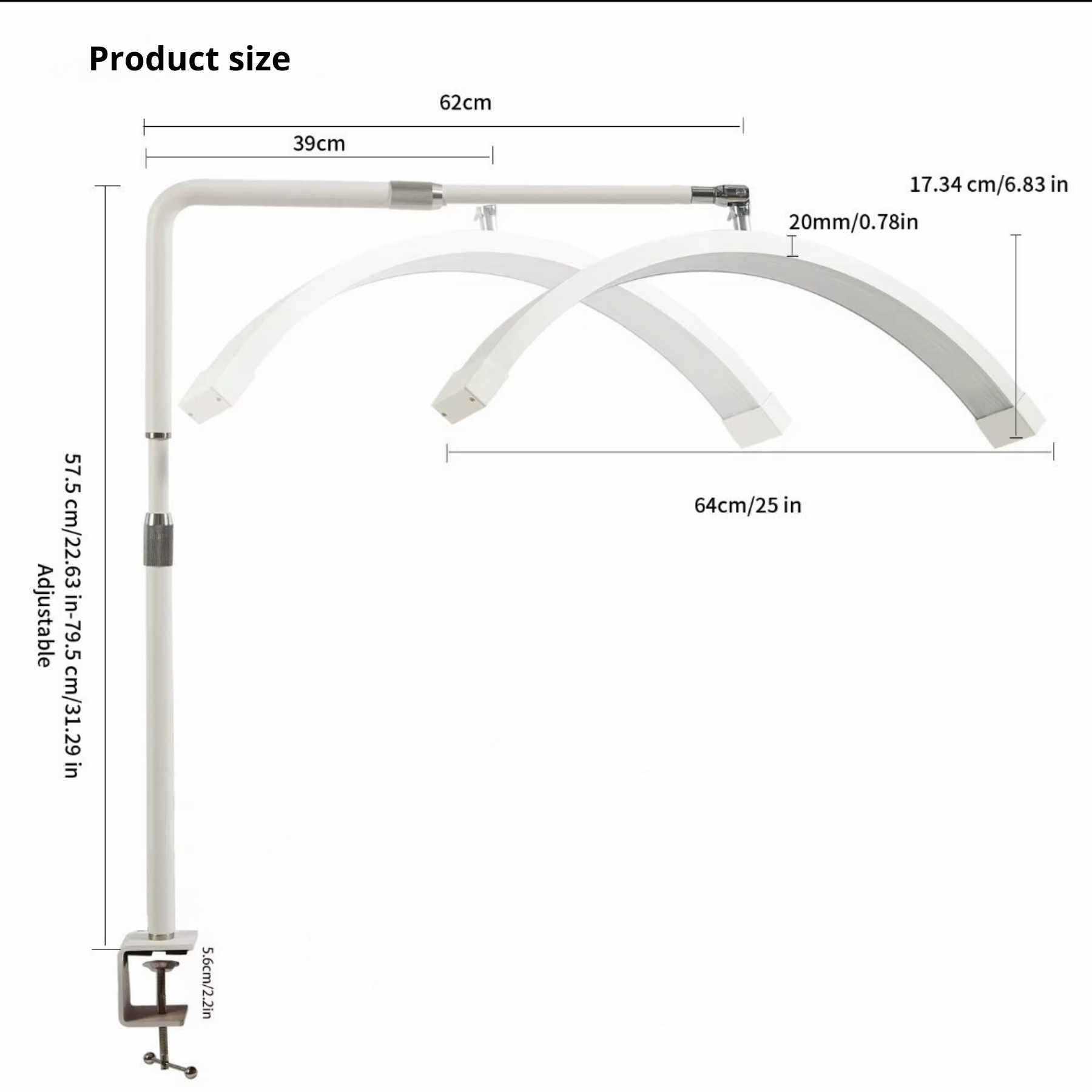 Half Moon Beauty Desk Nagellamp 25" - Klembevestiging,  Uitschuifbaar